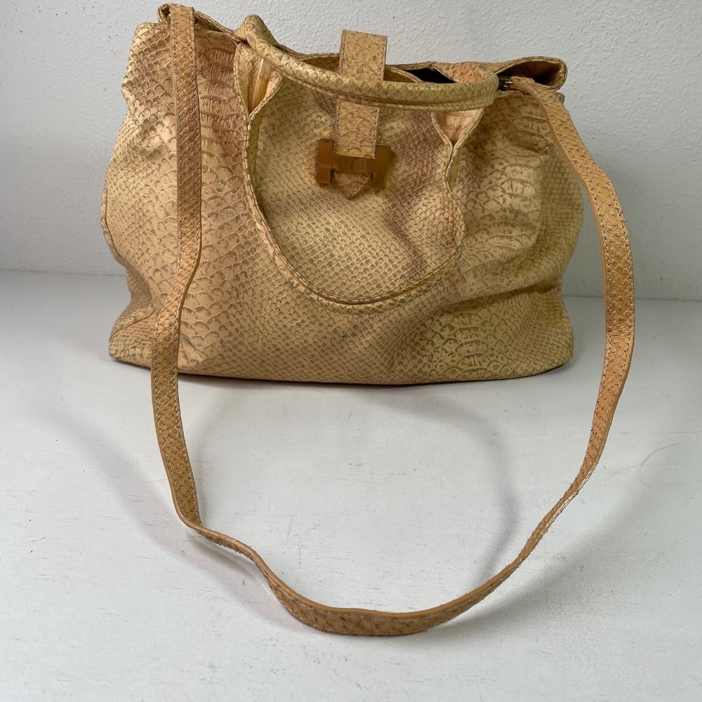 Vintage Made in Italy Snakeskin Embossed Leather Tote Bag Tan Gold H Buckle